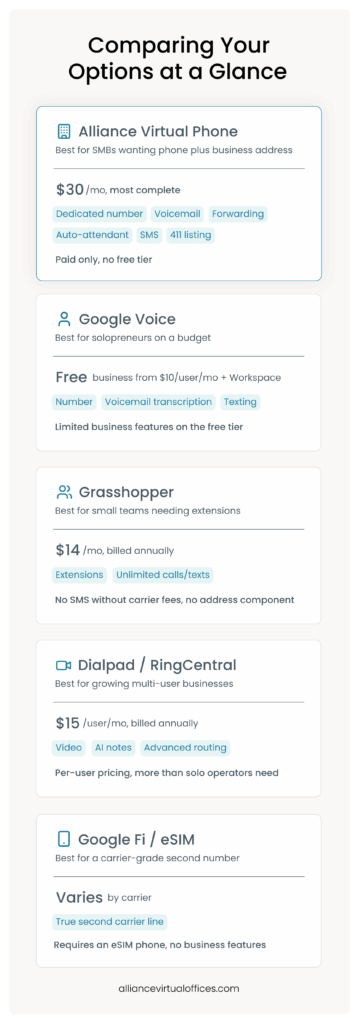 Comparing Your Options at a Glance 2 1 | Alliance Virtual Offices Comparison chart of five ways to get a second business phone number: Alliance Virtual Offices, Google Voice, Grasshopper, Dialpad/RingCentral, and Google Fi/eSIM — with pricing and key features for each