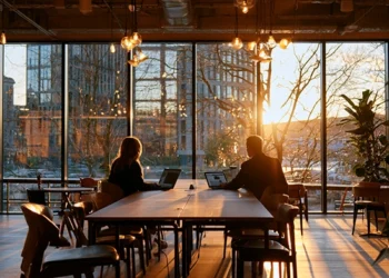 Two people working on laptops at a shared coworking table by large windows