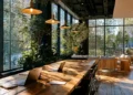 Sunlit coworking space with a long wooden shared table, laptops, pendant lights, lush greenery, and floor-to-ceiling windows