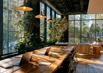 Sunlit coworking space with a long wooden shared table, laptops, pendant lights, lush greenery, and floor-to-ceiling windows
