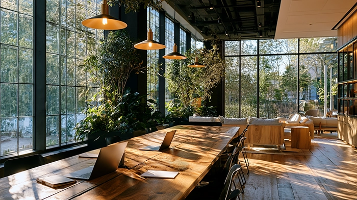 Sunlit coworking space with a long wooden shared table, laptops, pendant lights, lush greenery, and floor-to-ceiling windows