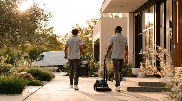 How to Start a Cleaning Business in 2026- Step-by-Step | Alliance Virtual Offices Cleaning business crew carrying supplies and a vacuum toward a client home at sunrise