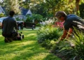 Landscaping crew mowing a lawn and trimming garden beds beside a work truck and trailer