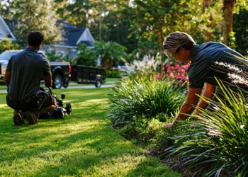 Landscaping crew mowing a lawn and trimming garden beds beside a work truck and trailer
