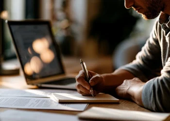 Independent contractor writing notes beside a laptop and paperwork at a desk
