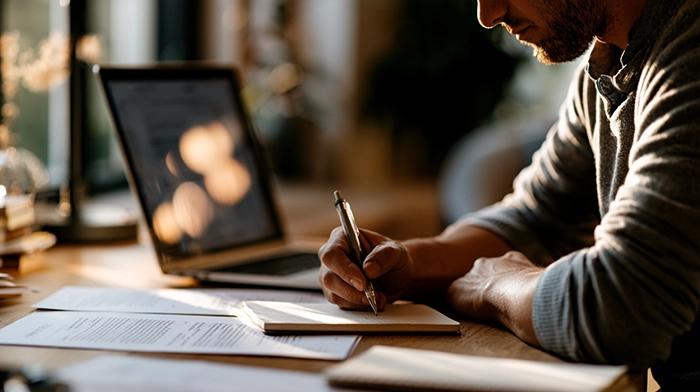 LLC for Independent Contractor- Do You Need One and How to Decide | Alliance Virtual Offices Independent contractor writing notes beside a laptop and paperwork at a desk