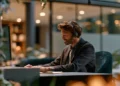 Answering service agent in a headset taking law firm client calls at an office desk