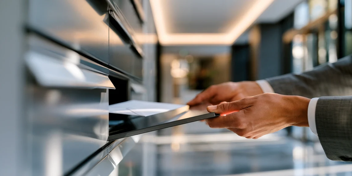 Professional collecting physical mail from a secure office mailbox unit