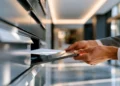 Professional collecting physical mail from a secure office mailbox unit