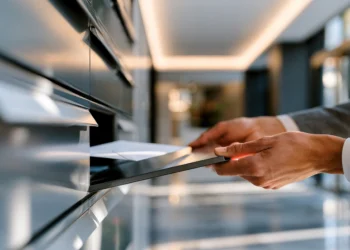 Professional collecting physical mail from a secure office mailbox unit