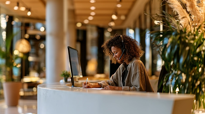 Medical Office Answering Service- A Complete Guide for Healthcare Practices | Alliance Virtual Offices Live receptionist in a headset taking notes while answering calls at a modern front desk