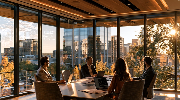 Meeting Conference Room Rental in Houston- How to Book Professional Space | Alliance Virtual Offices Four professionals meeting around a table in a high-rise conference room with floor-to-ceiling windows overlooking a Houston skyline at sunset