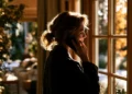 Woman standing by a sunlit window taking a business call on her cell phone at home