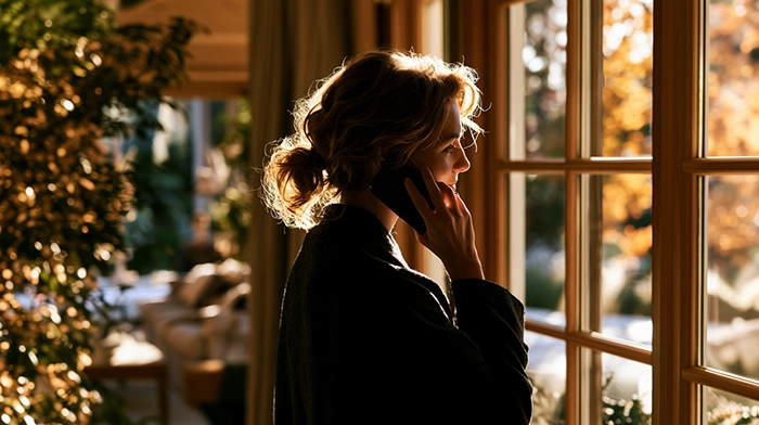 Second Phone Number for Business- How to Get a Separate Line Without a New Device | Alliance Virtual Offices Woman standing by a sunlit window taking a business call on her cell phone at home