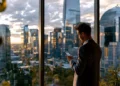 Business owner checking his phone by a window overlooking a city skyline at sunset