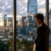 Business owner checking his phone by a window overlooking a city skyline at sunset