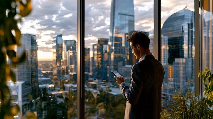Virtual Mailbox Houston- How It Works Texas Rules and Setup | Alliance Virtual Offices Business owner checking his phone by a window overlooking a city skyline at sunset