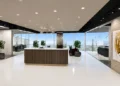 Virtual office building lobby with reception desk and floor-to-ceiling windows in Phoenix