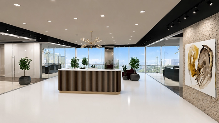 Virtual Office in Phoenix- Cost and Setup Guide 2026 | Alliance Virtual Offices Virtual office building lobby with reception desk and floor-to-ceiling windows in Phoenix