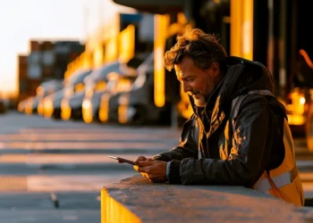 Logistics professional reviewing freight loads on a tablet beside a row of trucks at golden hour