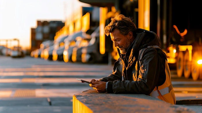 Freight Broker vs Freight Forwarder vs Dispatcher vs 3PL- Key Differences Explained | Alliance Virtual Offices Logistics professional reviewing freight loads on a tablet beside a row of trucks at golden hour