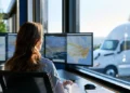 Freight broker reviewing route maps on four monitors, with a semi truck parked outside the window