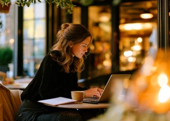 Freelancer working from a laptop in a cozy café as a flexible workspace