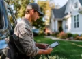 Pressure washing business owner checking a tablet beside his work truck outside a suburban home