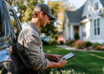 Pressure washing business owner checking a tablet beside his work truck outside a suburban home