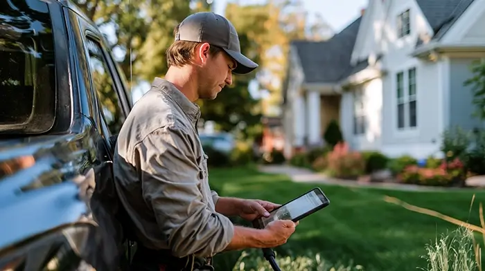How to Start a Pressure Washing Business- Equipment Licensing First Jobs | Alliance Virtual Offices Pressure washing business owner checking a tablet beside his work truck outside a suburban home