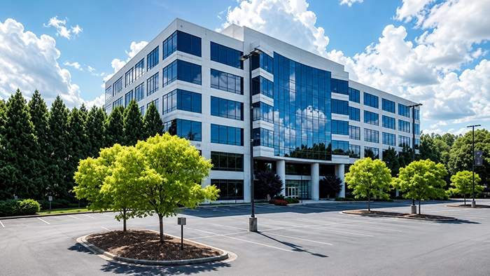 Virtual Business Address in Atlanta | Alliance Virtual Offices Modern five-story office building with blue glass facade and landscaped parking lo