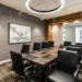 Virtual Office in Washington DC- Cost and Compliance Guide | Alliance Virtual Offices Meeting room with a wood conference table, black leather chairs, ring pendant light, and a framed city map print
