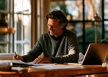 Man writing on paperwork beside a laptop at a home office desk by a sunlit window