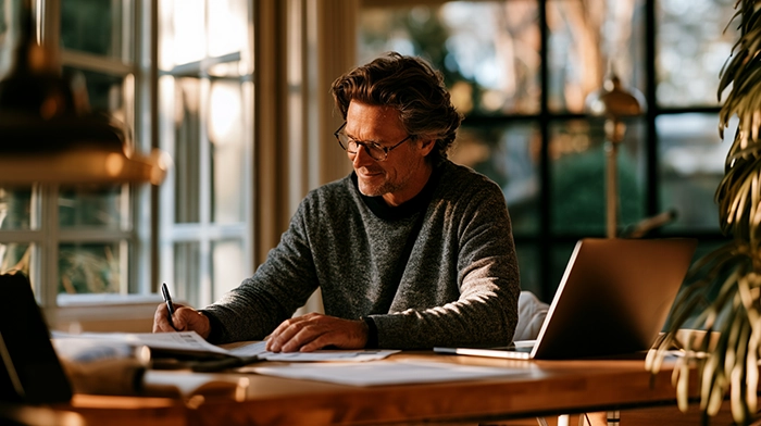 What to Do After Forming an LLC- Your 10-Step Post-Formation Checklist | Alliance Virtual Offices Man writing on paperwork beside a laptop at a home office desk by a sunlit window