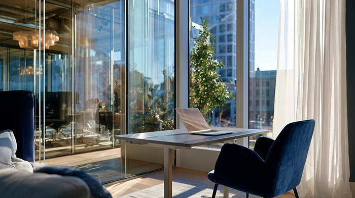 Day Office Rental Hourly Office Space- How to Book a Private Office by the Day | Alliance Virtual Offices Sunlit private office with a laptop on a height-adjustable desk, navy velvet chairs, and floor-to-ceiling windows overlooking a city street