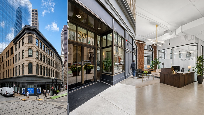 Most Affordable Virtual Office Services 2026 Guide | Alliance Virtual Offices Three views of 50 Franklin: the historic corner building exterior, the street-level entrance, and the interior lobby reception desk