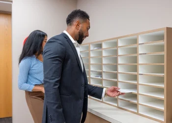 Business professional picking up mail from a wooden mailbox sorter at an Alliance Virtual Offices location, with a colleague beside him