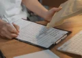 Person filling out a business registration form on a clipboard while holding a mail envelope at a desk